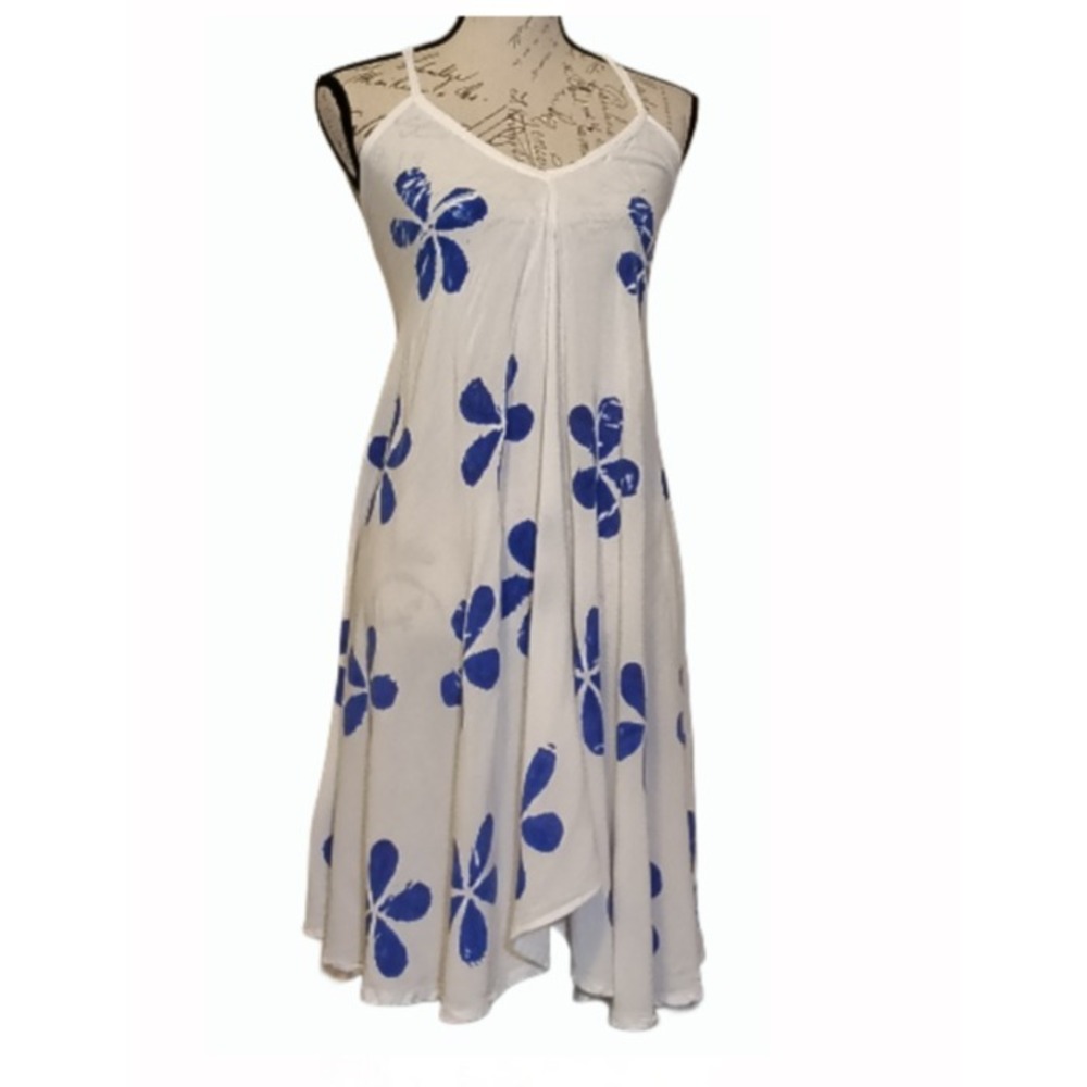 India Botique White Blue Tropical Floral A-line Sundress‎ OS Rayon Resort Island